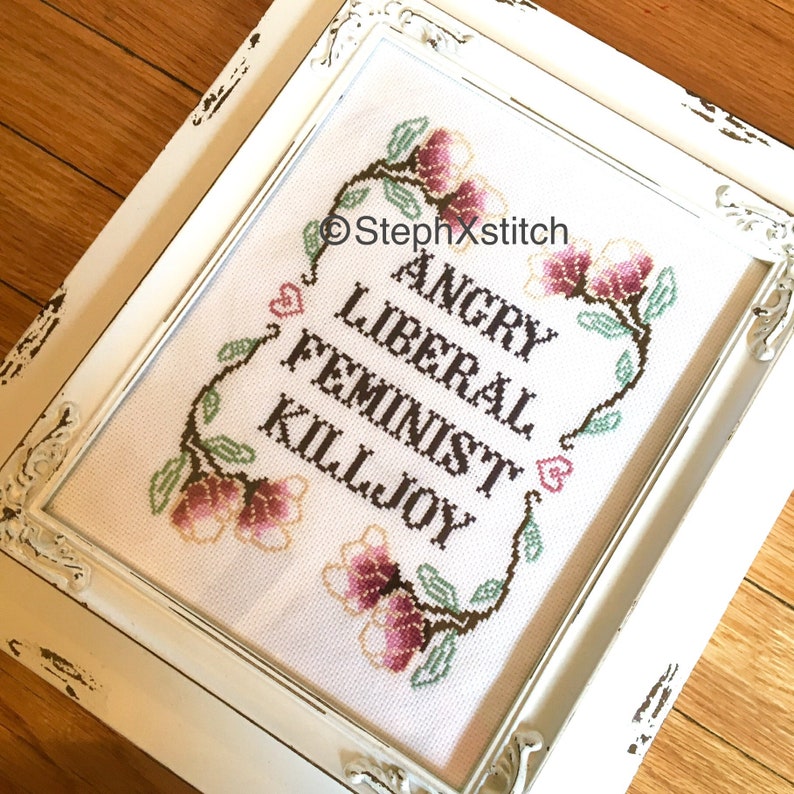 May include: A white framed cross-stitch with a floral design and the text "Angry Liberal Feminist Killjoy" in brown lettering.