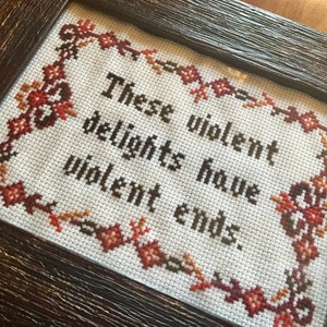 Op de afbeelding: Een ingelijst kruissteek met een witte achtergrond en een bruine bloemrand. De tekst luidt "Deze gewelddadige genoegens hebben gewelddadige eindes."