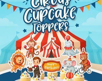 Zirkus-Cupcake-Topper, Geburtstagsdeko, druckbarer Tortenaufleger als PDF zum sofortigen Download