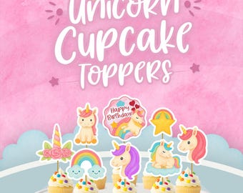 Adornos de unicornio para cupcakes, palillos mágicos de arcoíris para fiestas de cumpleaños (descarga instantánea)