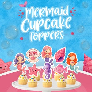 Sjöjungfru-muffinsdekorationer, födelsedagsfestdekorationer, val av undervattenstema (direkt nedladdning)