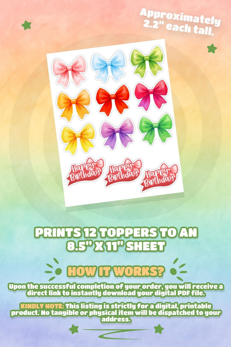 Colorful Ribbon Bow Cupcake Toppers, Party Decorations (digital ...