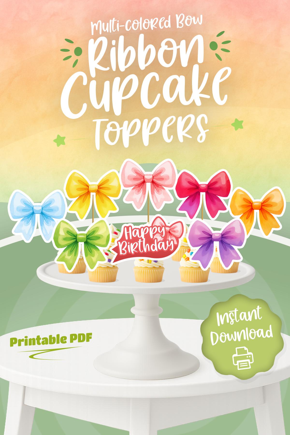 Colorful Ribbon Bow Cupcake Toppers, Party Decorations (digital ...