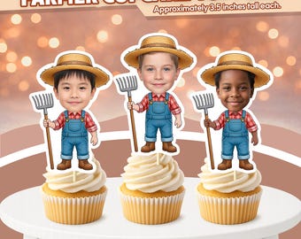 Adornos personalizados para cupcakes con cara de granjero, decoración personalizada para fiestas de cumpleaños con foto, imprimibles (descarga digital)