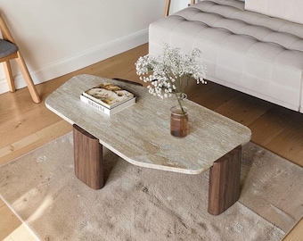 Mesa de centro de travertino Wabi-Sabi: mesa de piedra minimalista orgánica para la sala de estar.