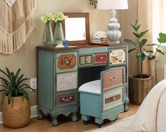 Vintage Style Wooden Dresser with Mirror and Stool – Elegant Bedroom Vanity Table