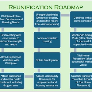 May include: A green infographic titled "Reunification Roadmap" outlines steps for child(ren) care, including substance and housing needs, supervised visits, and custody transfer. The graphic includes icons and text boxes.