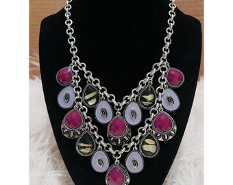 Premier Designs "Violet" Reversible Statement Bib Necklace Antiqued Silver Tone