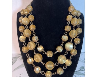 Vintage Butterscotch Lucite Beaded Necklace Multi Strand Filigree Caps Bib 1950s
