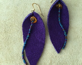 Purple Leather Leaf Earrings