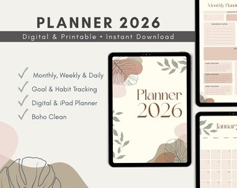 Digital Planner 2026, iPad & GoodNotes, Printable Planner, Monthly Weekly Daily Planning