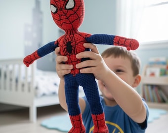Patrón de crochet para muñeco de superhéroe • Amigurumi para principiantes en PDF • Tutorial de peluche de héroe rojo y azul • Guía digital para hacer tu propio peluche