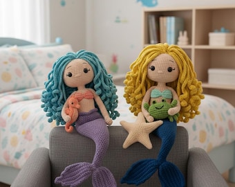 Patrón de sirena a crochet • Tutorial detallado en PDF para muñeca amigurumi con medusas • Patrón de peluche de sirena de pelo largo para tejedores a crochet