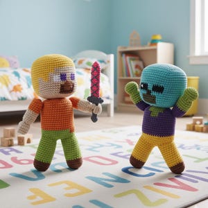 May include: Two crocheted dolls, one with a blonde head, orange shirt, green pants, and a red sword. The other doll has a blue head, purple shirt, yellow pants, and green arms. They are on a colorful alphabet rug.