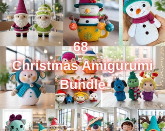 Op de afbeelding: Een verzameling gehaakte kerst-amigurumi-figuren, waaronder kabouters, sneeuwpoppen, dieren en feestelijke personages. De afbeelding toont diverse kleurrijke garenpoppen met gedetailleerd stikwerk, mutsen en accessoires, voorzien van de tekst 68 Christmas Amigurumi Bundle.