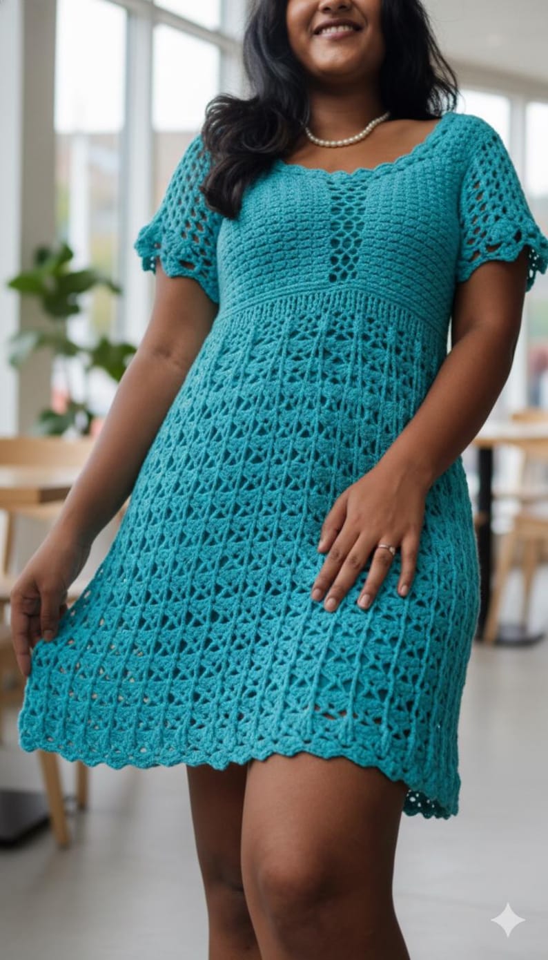 Puede incluir: Vestido turquesa de ganchillo con dobladillo festoneado y mangas cortas. El vestido presenta un detallado patr&oacute;n calado en el corpi&ntilde;o y la falda. El escote es redondo. El vestido llega a la rodilla.