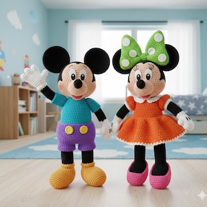 May include: Two crocheted dolls, Mickey and Minnie Mouse, are displayed together. Mickey is dressed in a blue top, purple shorts, and yellow shoes. Minnie wears an orange dress and pink shoes, with a green bow. Both have black ears and white gloves.