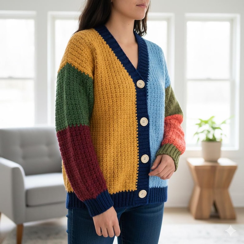 Puede incluir: Un c&aacute;rdigan multicolor con botones. El su&eacute;ter de punto presenta un dise&ntilde;o de patchwork con bloques de amarillo, azul, verde, rojo y naranja. Tiene cuello en V, mangas largas y botones grandes y redondos de color crema.