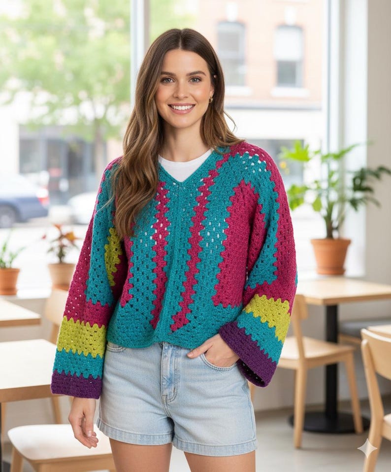 Puede incluir: Un su&eacute;ter de crochet colorido con cuello en V. El su&eacute;ter presenta un patr&oacute;n vibrante de turquesa, fucsia, amarillo y morado. Las mangas son largas y acampanadas, y el su&eacute;ter se combina con pantalones cortos de mezclilla. El estilo general es casual y hecho a mano.