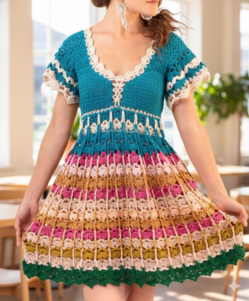Puede incluir: Vestido de ganchillo colorido con escote en V. La parte superior es turquesa con ribete crema, que se transforma en una falda con rayas horizontales rosas, beige y doradas. El dobladillo est&aacute; terminado con ganchillo verde.