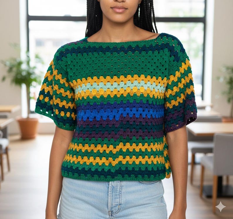 Puede incluir: Top de crochet de manga corta con un dise&ntilde;o de cuadrados de la abuela. La parte superior presenta rayas horizontales verdes, amarillas, azules y moradas. Tiene un escote cuadrado y mangas cortas acampanadas.