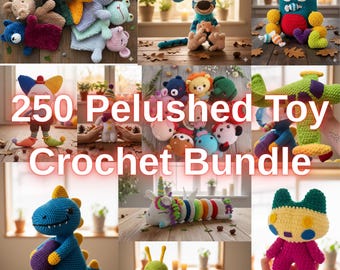May include: A selection of colourful crochet plush toys, including animals, insects, and a plane. The image features a variety of handmade stuffed animals in various sizes and designs. Text on the image reads "250 Plush Toy Crochet Bundle."