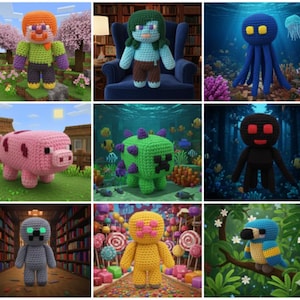 Può includere: Una collezione di personaggi di Minecraft fatti a mano all'uncinetto, tra cui un maiale, un creeper, un Enderman e un pappagallo. I personaggi sono in vari colori, come rosa, verde, nero e blu. Lo sfondo di ogni personaggio varia.