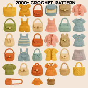 May include: A collection of crochet items in various colors, including handbags, dresses, overalls, and jackets. The text "2000+ CROCHET PATTERN" is at the top. The items are arranged in a grid pattern, showcasing the variety of crochet designs.