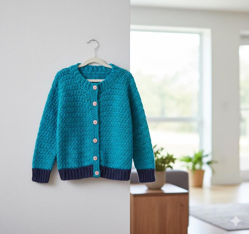 Puede incluir: Un c&aacute;rdigan tejido a mano de color azul turquesa, con cuello redondo y mangas largas, colgado de una percha blanca. El c&aacute;rdigan presenta un patr&oacute;n de puntadas texturizadas, una fila de botones rosas y ribetes azul marino en los pu&ntilde;os y el dobladillo. Este su&eacute;ter es perfecto para combinar.