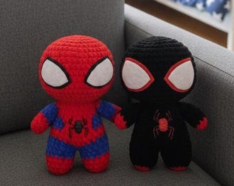Patrón de crochet de héroe negro y rojo • Tutorial en PDF de muñeco amigurumi grueso • Patrón de peluche de superhéroe para principiantes: guía de crochet DIY