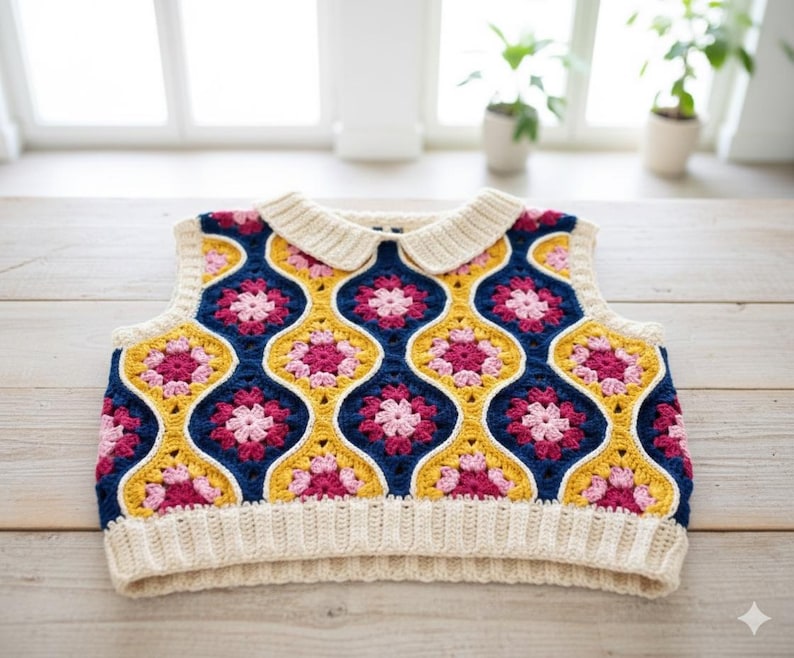 Puede incluir: Un chaleco de ganchillo hecho a mano y colorido, con cuello y ribetes color crema. El chaleco presenta un patr&oacute;n repetitivo de flores rosas y amarillas sobre un fondo azul marino. El chaleco se exhibe sobre una superficie de madera.