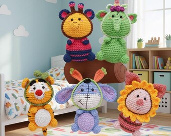 May include: A collection of five crocheted stuffed animals, including a giraffe, elephant, tiger, bunny, and a bear with a sunflower head. The toys are in various colors, including yellow, orange, green, blue, and pink. They are displayed in a child's bedroom.