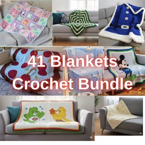 May include: A collection of crochet blankets displayed on sofas. The blankets feature various designs, including cartoon characters, geometric patterns, and a Santa Claus-inspired design. The text "41 Blankets Crochet Bundle" is overlaid on the image.