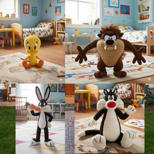 Puede incluir: Cuatro personajes de Looney Tunes tejidos a crochet: Piolín, Taz, Bugs Bunny y Silvestre el Gato. Las figuras están en el dormitorio de un niño con una alfombra y muebles. Cada personaje está hecho de hilo en sus colores característicos.