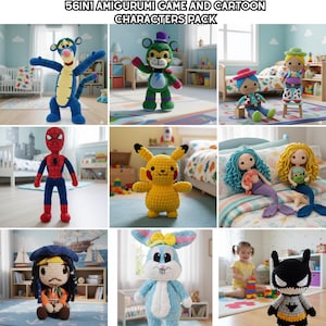Könnte beinhalten: Eine Sammlung handgefertigter Amigurumi-Puppen mit verschiedenen Cartoon- und Spielcharakteren. Die Puppen umfassen einen blauen Tiger, einen grünen Bären, einen Cowboy, ein Cowgirl, Spider-Man, Pikachu, Meerjungfrauen, einen Piraten, Bugs Bunny und Batman. Der Text "56IN1 AMIGURUMI GAME AND CARTOON CHARACTERS PACK" befindet sich oben.