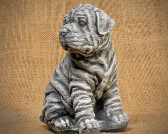 Realistic Shar-Pei Puppy Statue Concrete Pug Dog Garden Sculpture Shar Pei Wrinkled Dog Figurine Pet Remembrance Gift Indoor Outdoor Decor