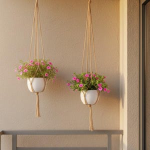 Conjunto de suportes para plantas em macramê de cânhamo, estilo boho, para pendurar em vasos e decorar varandas e jardins | Conjunto com 2 peças