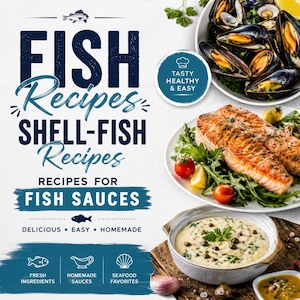 May include: A cookbook cover titled FISH Recipes SHELL-FISH Recipes RECIPES FOR FISH SAUCES with text reading TASTY HEALTHY & EASY, DELICIOUS EASY HOMEMADE, FRESH INGREDIENTS, HOMEMADE SAUCES, SEAFOOD FAVORITES, featuring mussels, salmon, and sauce.