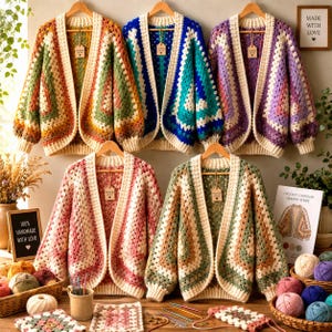 May include: Five open-front crochet cardigans featuring granny square patterns in various color palettes including earth tones, blues, purples, pinks, and greens. Each cardigan has long sleeves, a cream-colored border, and a small brown tag.