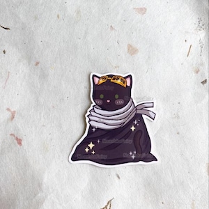 May include: A sticker of a black cat with green eyes, wearing a yellow headband and a grey scarf. The cat is also wearing a dark purple cloak with sparkles. The sticker has the text "NooshkaFairy".