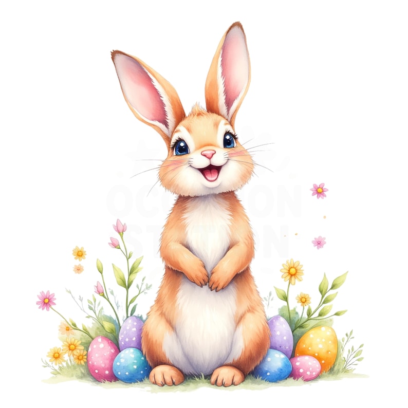 Könnte beinhalten: Aquarellillustration eines lächelnden Osterhasen mit langen Ohren, der aufrecht steht. Der Hase ist von bunten Ostereiern und Blumen umgeben, vor einem weißen Hintergrund. Der Hase hat ein hellbraunes Fell und blaue Augen.
