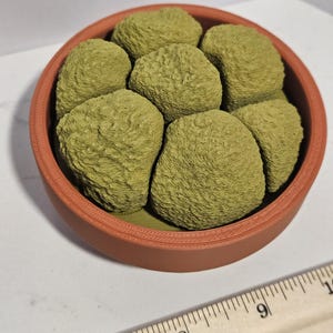 May include: A terracotta-colored bowl filled with seven green, textured, spherical objects. The objects have a rough, porous appearance, and the bowl has a simple, rounded design. The objects appear to be a decorative item.