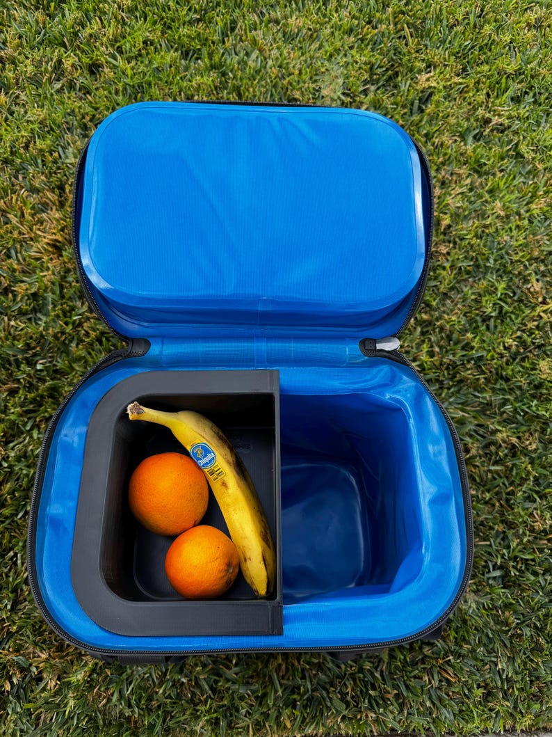 Puede incluir: Una nevera azul aislada abierta con un compartimento interior negro. Dentro del compartimento hay dos naranjas y un pl&aacute;tano. La nevera est&aacute; sobre un lecho de hierba verde.