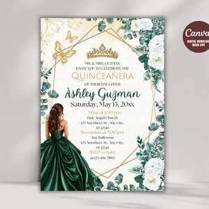 May include: A quinceañera invitation with a gold geometric frame, floral accents, and a depiction of a young woman in a green gown. The invitation includes the event details, such as the date, time, and location, and the name Ashley Guzman.
