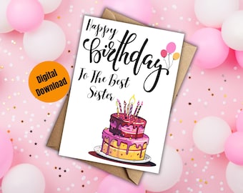 Sister Birthday Card, Cake Design (Digital Download