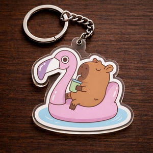 Capybara Flamingo Float Keychain, Cute Capybara Gift, Chill Vibes Keychain, Summer Aesthetic Keychain, Kawaii Animal Keychain, Relax Gift