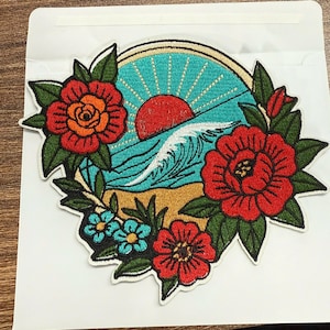 Traditional Style Sunset Beach Embroidered Patch Detailed Ocean Wave Rose and Floral Border for Jackets and Bags