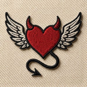 Devil Heart with Wings Embroidered Patch | Angel Wings and Horns Iron On Applique | Y2K Goth Alt Clothing Jacket Badge