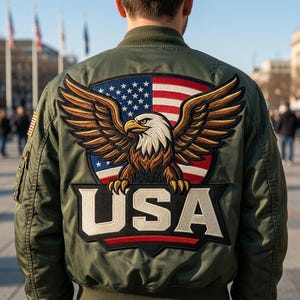 May include: Olive green bomber jacket featuring a large embroidered patch of an American bald eagle with outstretched wings, set against a backdrop of the American flag. The word "USA" is prominently displayed below the eagle.