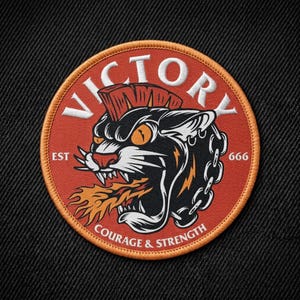 Traditional Tattoo Panther Patch, Punk Fire Breathing Cat Iron On Badge, Vintage Biker Jacket Applique, Victory 666 Sew On Printed Patch